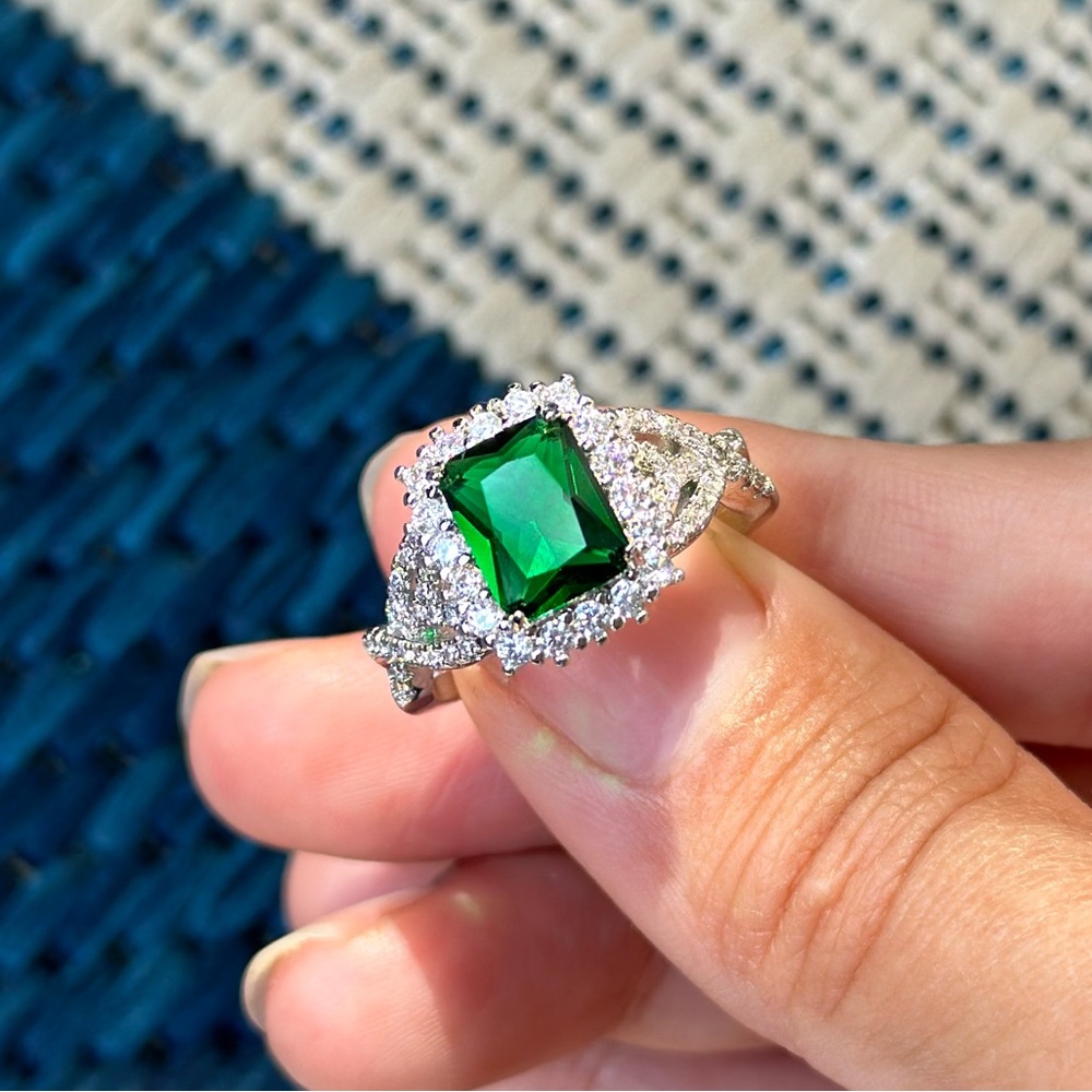 Square Cut Emerald Silver 925 Halo Royal Ring